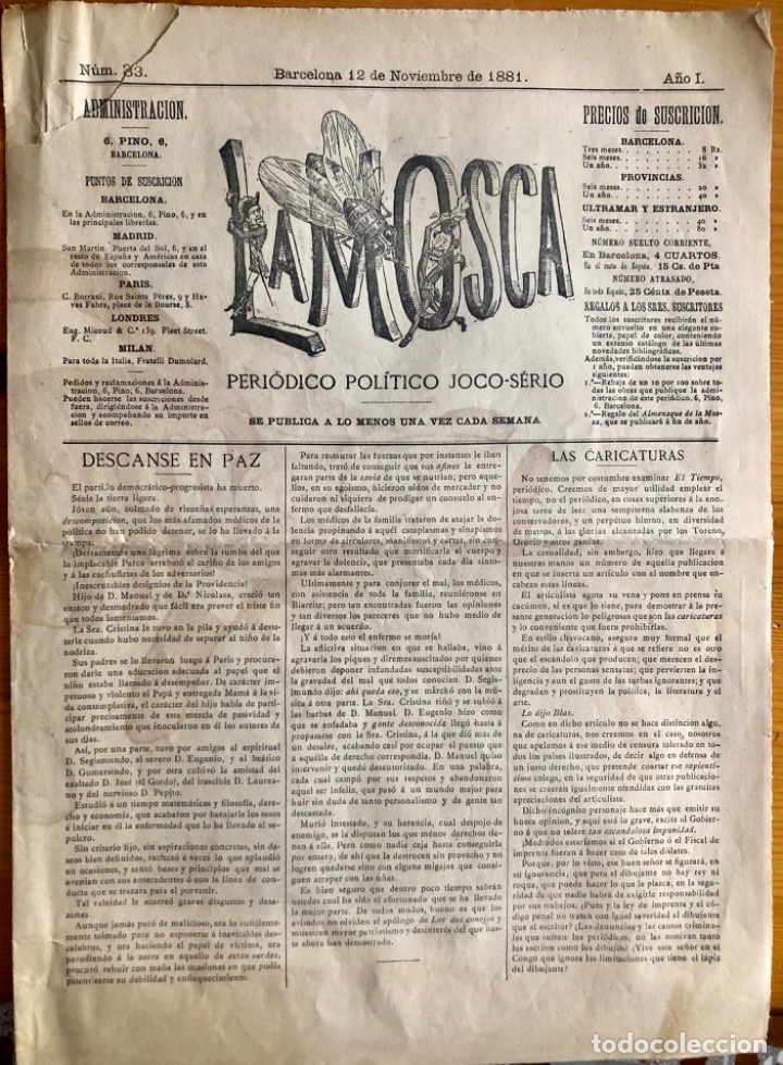 Collezionismo di Riviste e Giornali: LA MOSCA- PERIODICO POLITICO JOCO SERIO-  A&Ntilde;O 1  N&ordm;  33   BARCELONA   12-11  1881