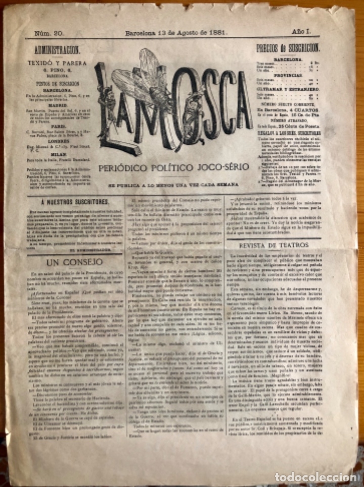 Collezionismo di Riviste e Giornali: LA MOSCA-  PERIODICO  JOCO SERIO-  A&Ntilde;O I  N&ordm; 20    1.881  -     BARCELONA-  LITOGRAFIA COLOR