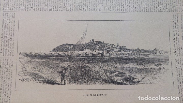 Colecionismo de Revistas e Jornais: PUENTE DE BADAJOZ GRABADO HOJA REVISTA A&Ntilde;O 1887