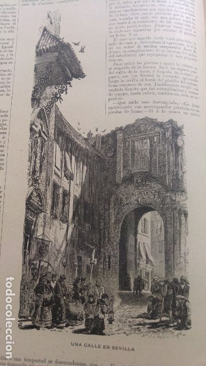 Colecionismo de Revistas e Jornais: UNA CALLE EN SEVILLA GRABADO HOJA A&Ntilde;O 1887
