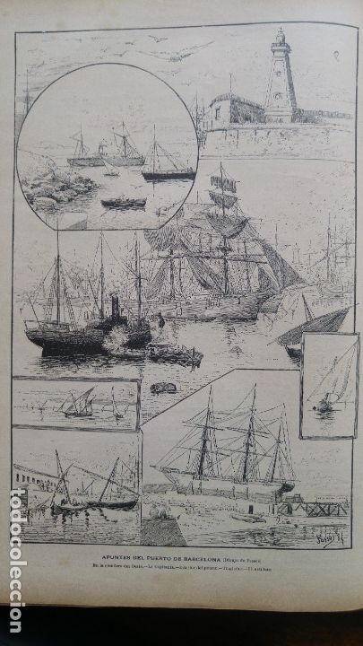 Colecionismo de Revistas e Jornais: APUNTES DEL PUERTO DE BARCELONA GRABADO HOJA DE REVISTA A&Ntilde;O 1887