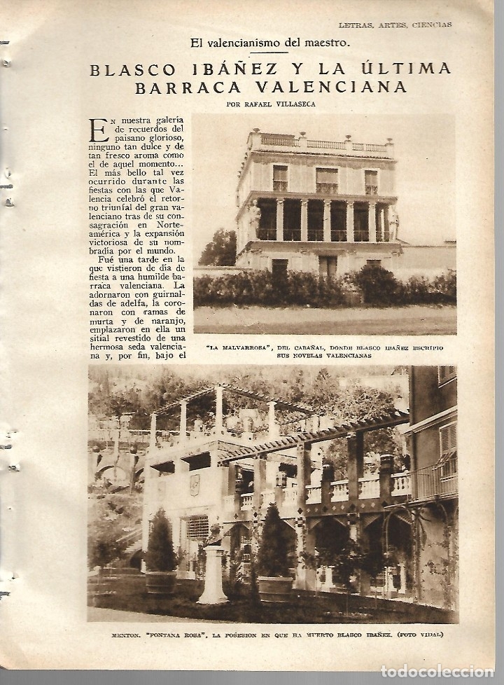 Collection Magazines and Newspapers: BYN 12 FEB 1928.N&ordm;1917. BLASCO IBA&Ntilde;EZ Y LA ULTIMA BARRACA VALENCIANA.RAFAEL VILLASECA VALENCIANISMO