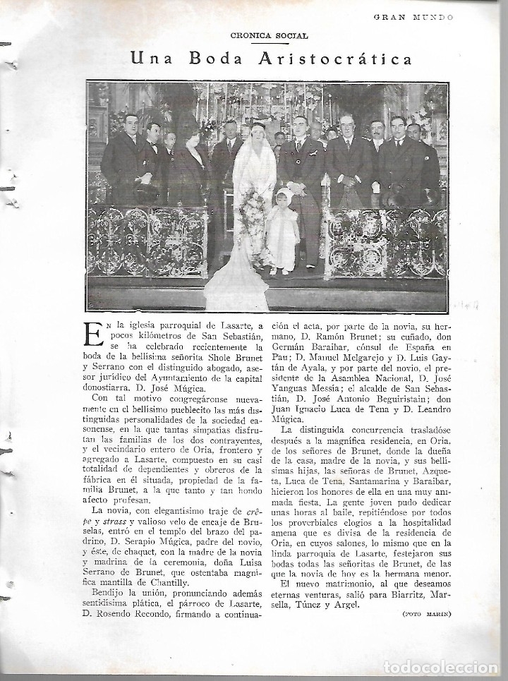 Coleccionismo de revistas y peri&oacute;dicos: BYN 12 FEB 1928.N&ordm;1917. BODA LASARTE SHOLE BRUNET Y SERRANO JOSE MUJICA ORIA ABOGADO SAN SEBASTIAN
