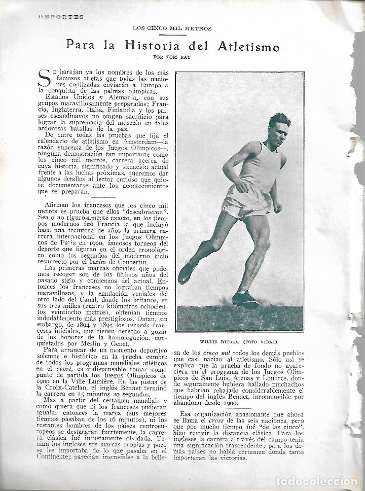 Coleccionismo de revistas y peri&oacute;dicos: BYN 12 FEB 1928.N&ordm;1917.HISTORIA DEL ATLETISMO. TOM RAY. WILLIE RITOLA. PEGASO NO QUIERE VOLAR