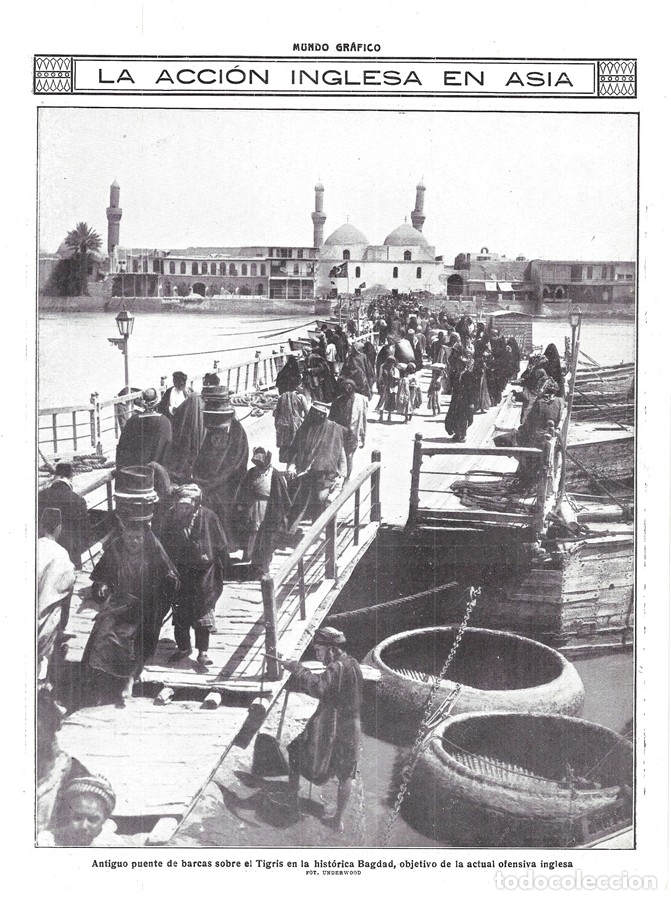 Collezionismo di Riviste e Giornali: 1916 HOJA REVISTA I GUERRA MUNDIAL BAGDAD PUENTE DE BARCAS SOBRE EL R&Iacute;O TIGRIS OFENSIVA INGLESA