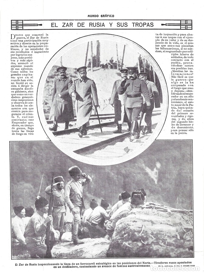Collezionismo di Riviste e Giornali: 1916 HOJA REVISTA I GUERRA MUNDIAL EL ZAR DE RUSIA Y SUS TROPAS L&Iacute;NEA DE FERROCARRIL TIRADORES RUSOS