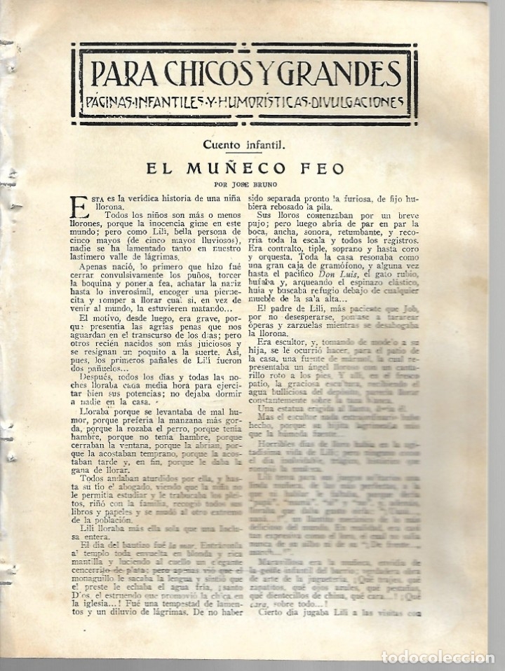 Coleccionismo de revistas y peri&oacute;dicos: BYN19 FEB 1928.N&ordm; 1918. CUENTO INFANTIL EL MU&Ntilde;ECO FEO JOSE BRUNO VARELA DE SEIJAS