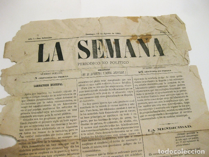 Collectionnisme de Revues et Journaux: La Semana. Peri&oacute;dico No Pol&iacute;tico. A&ntilde;o I, N&ordm; 4. San Sebasti&aacute;n, 12 de agosto de 1883.