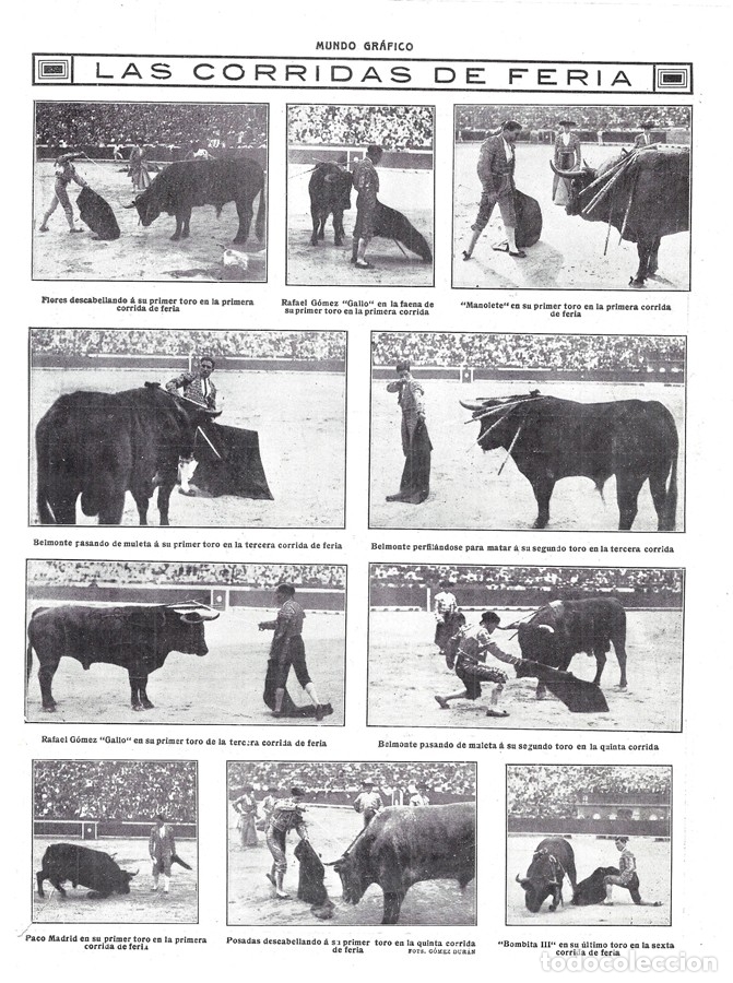 Coleccionismo de Revistas y Peri&oacute;dicos: 1914 HOJA REVISTA TOROS CORRIDAS DE FERIA RAFAEL G&Oacute;MEZ 'GALLO' MANOLETE BELMONTE POSADAS BOMBITA III