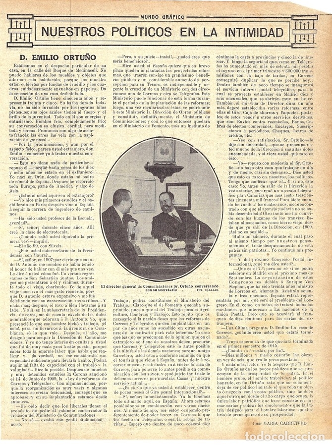 Colecionismo de Revistas e Jornais: 1914 HOJA REVISTA POL&Iacute;TICOS EN LA INTIMIDAD EMILIO ORTU&Ntilde;O DIRECTOR GENERAL DE COMUNICACIONES