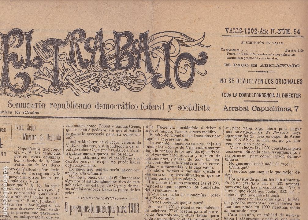 Coleccionismo de revistas y peri&oacute;dicos: El Trabajo Valls 1902 El presupuesto municipal para 1903 horrores y partidas filtrables gastos