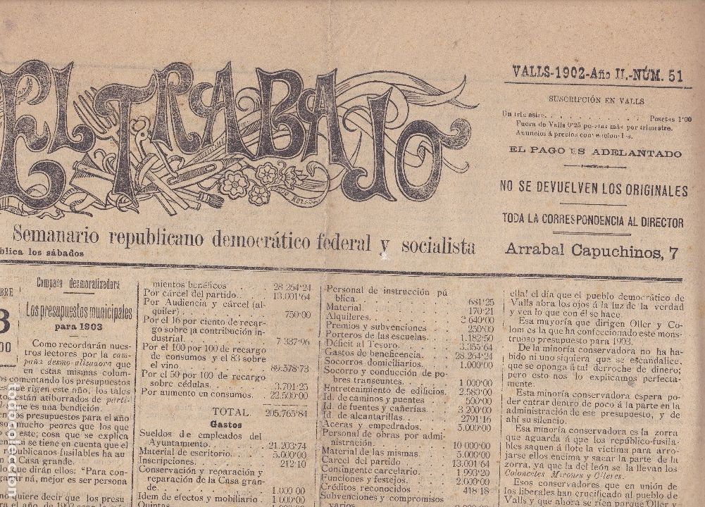 Coleccionismo de revistas y peri&oacute;dicos: El trabajo Valls Tarragona 1902 PRESUPUESTOS MUNICIPALES PARA 1903
