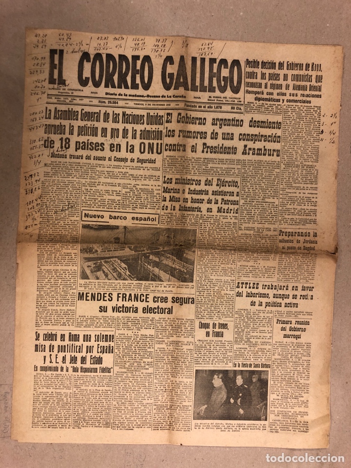 Collectionnisme de Revues et Journaux: EL CORREO GALLEGO. PERI&Oacute;DICO DECANO EN LA CORU&Ntilde;A DEL 9 DE DICIEMBRE DE 1955. 6 P&Aacute;GINAS.