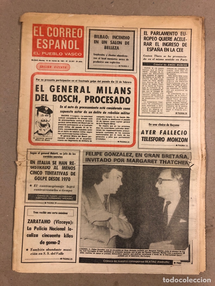 Sammeln von Zeitschriften und Zeitungen: EL CORREO ESPA&Ntilde;OL, EL PUEBLO VASCO EDICI&Oacute;N VIZCAYA DE 10 MARZO 1981. MILANS DEL BOSCH PROCESADO,