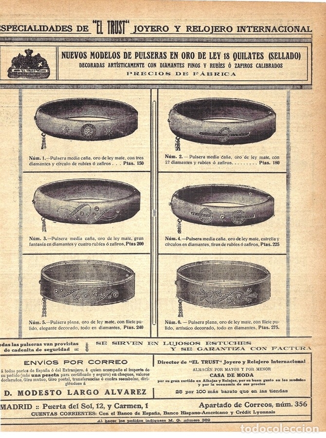 Coleccionismo de revistas y peri&oacute;dicos: 1914 HOJA REVISTA PUBLICIDAD ANUNCIO PULSERAS DE ORO CON DIAMANTES DE EL TRUST JOYERO Y RELOJERO