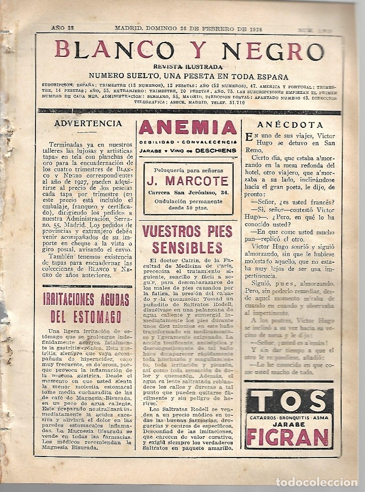 Sammeln von Zeitschriften und Zeitungen: BYN 26 FEB 1928.N&ordm; 1919.CUADERNILLO PUBLICIDAD PASATIEMPOS PHOSCAO  ARROZ GRANITO OVOMALTINA. AUBURN