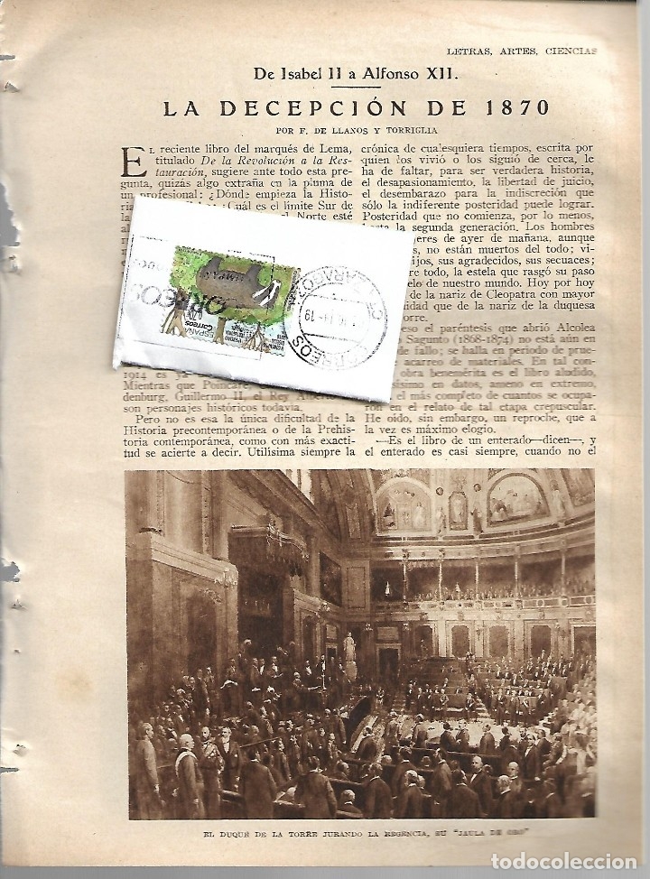 Coleccionismo de revistas y peri&oacute;dicos: BYN 26 FEB 1928.N&ordm; 1919. DE ISABEL II A ALFONSO XII. DECEPCION 1870.F. LLANOS Y TORRIGLIA