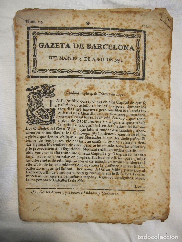 Coleccionismo de Revistas y Peri&oacute;dicos: GAZETA DE BARCELONA, N&ordm; 15. MARTES 9 ABRIL 1771. 21,5 X 16 CM