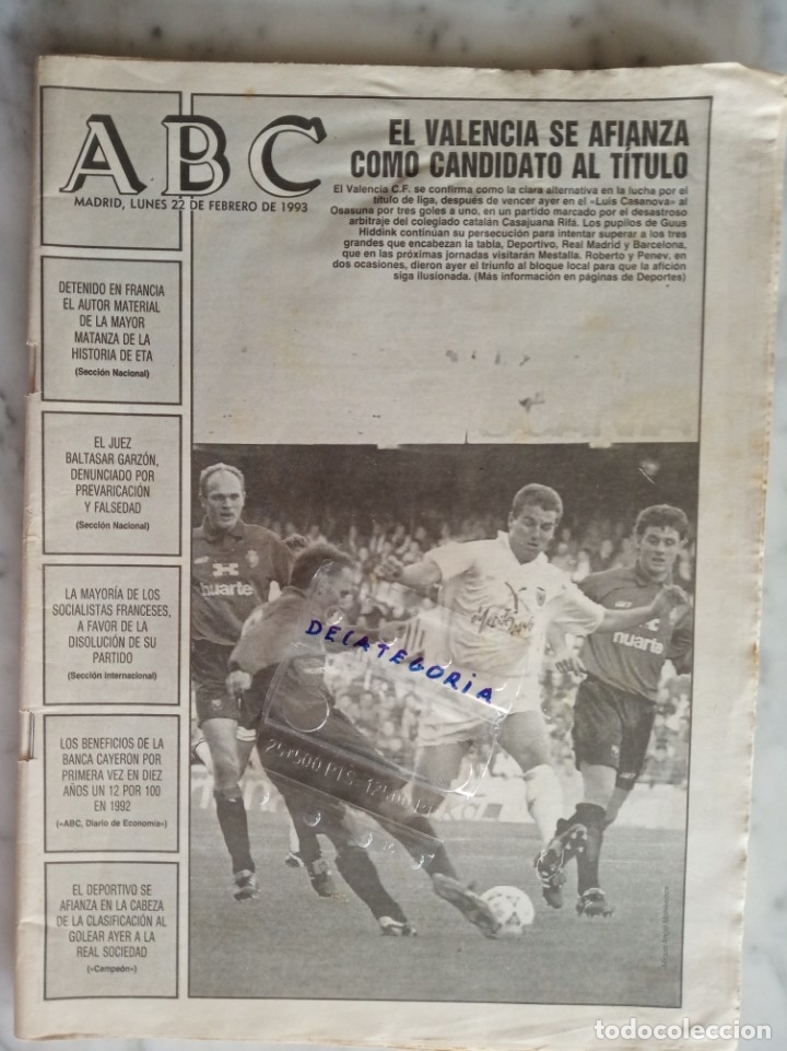 Coleccionismo de Revistas y Peri&oacute;dicos: diario ABC el valencia se afianza como candidato al titulo 22 febrero  1993 -