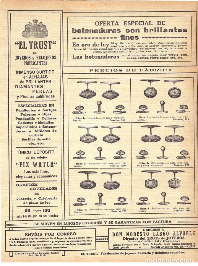 Coleccionismo de revistas y peri&oacute;dicos: 1914 HOJA REVISTA PUBLICIDAD ANUNCIO GEMELOS BOTONADURAS ORO Y BRILLANTES EL TRUST JOYERO Y RELOJERO