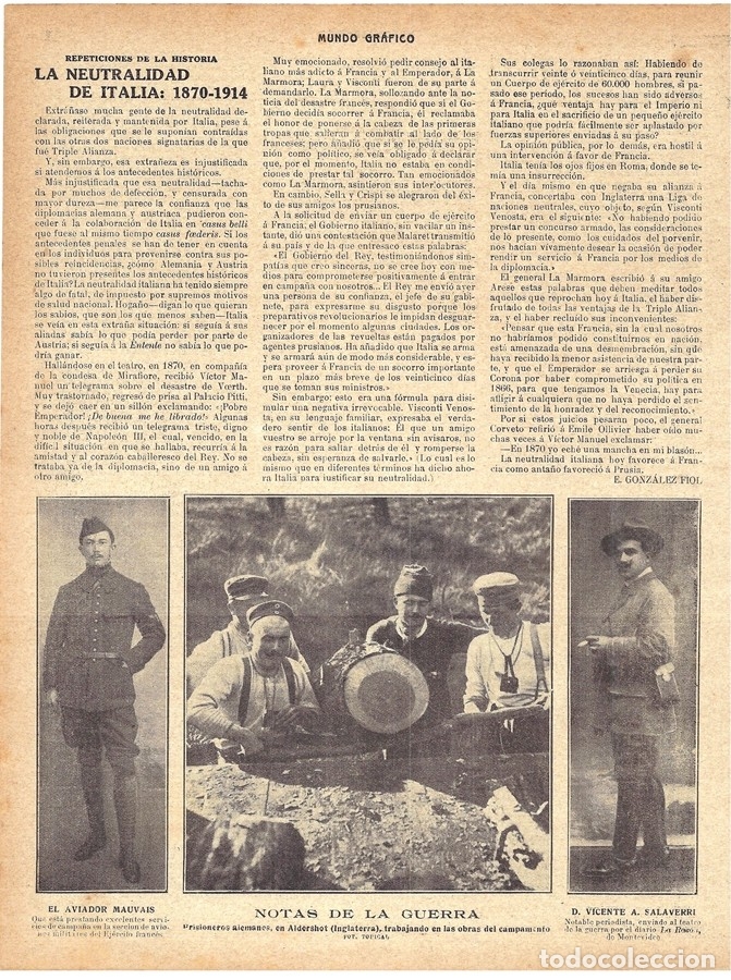 Coleccionismo de revistas y peri&oacute;dicos: 1914 HOJA REVIS I GUERRA MUNDIAL PERIODISTA VICENTE SALAVERRI, AVIADOR MAUVAIS, PRISIONEROS ALEMANES