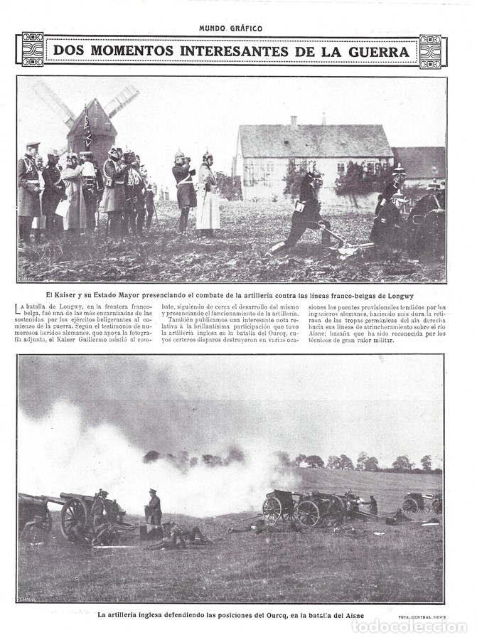 Coleccionismo de revistas y peri&oacute;dicos: 1914 HOJA REVISTA I GUERRA MUNDIAL FRONTERA FRANCIA B&Eacute;LGICA KAISER Y ESTADO MAYOR ARTILLER&Iacute;A INGLESA