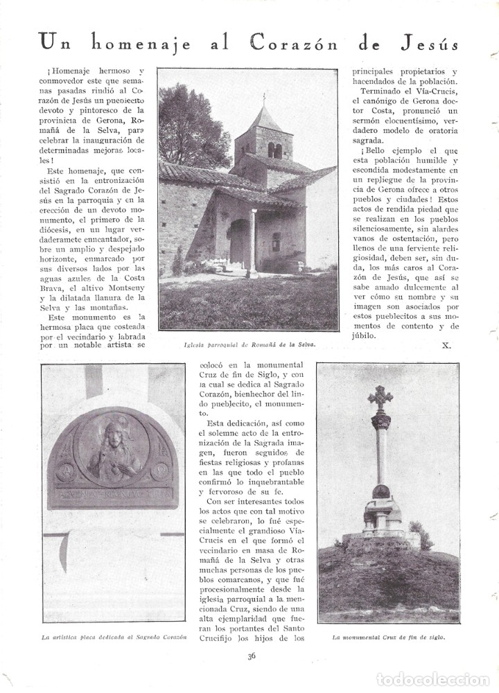 Coleccionismo de revistas y peri&oacute;dicos: 1930 HOJA REVISTA GERONA ROMA&Ntilde;&Aacute; DE LA SELVA HOMENAJE AL SAGRADO CORAZ&Oacute;N DE JES&Uacute;S CRUZ DEL SIGLO