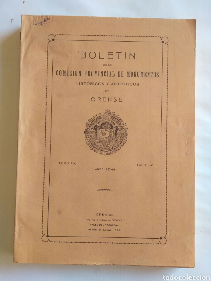 Coleccionismo de revistas y peri&oacute;dicos: bolet&iacute;n Comisi&oacute;n de Monumentos de Orense. Tomo XIX, 4 fasc&iacute;culos, a&ntilde;o 1957 -58. Galicia. Arqueolog&iacute;a