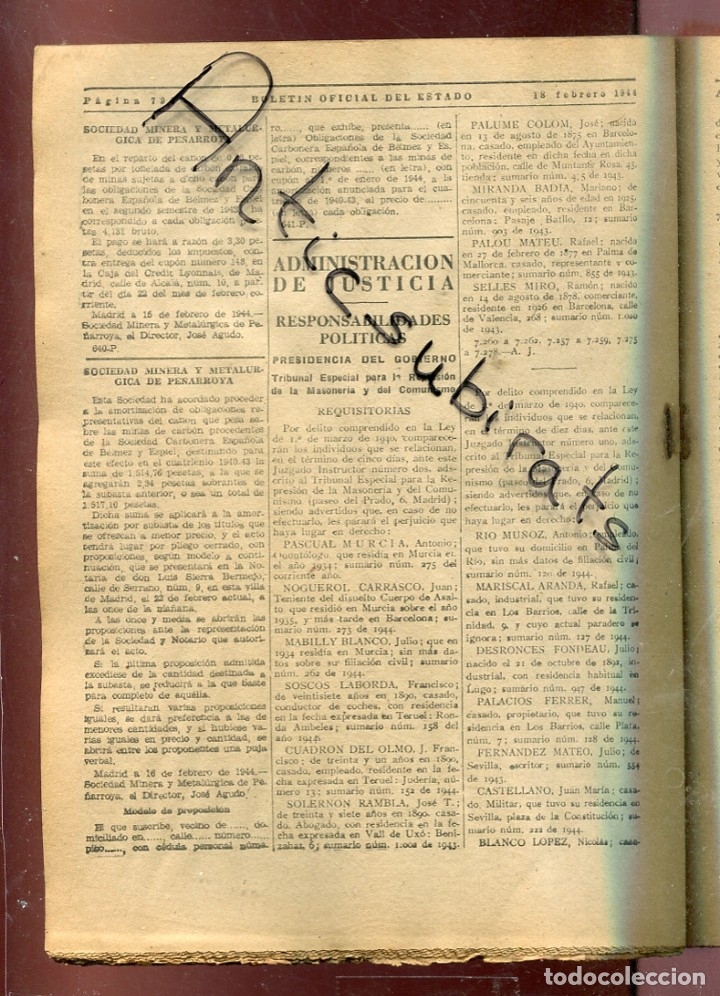 Coleccionismo de Revistas y Peri&oacute;dicos: BOLETIN A&Ntilde;O 1944 REQUISITORIA CORTES DE PALLAS SERON VILLAMIEL FISTUS LUARCA MAGALLON PE&Ntilde;ARROYA MINA