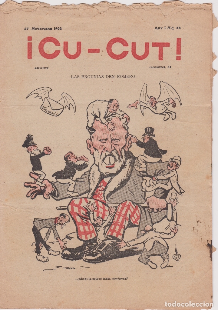 Coleccionismo de Revistas y Peri&oacute;dicos: REVISTA &iexcl;CU-CUT! NUM. 48 A&Ntilde;O 1902 - LAS ENGUNIAS DEN ROMERO - PORTADA D'EN Lloren&ccedil; Brunet i Forroll
