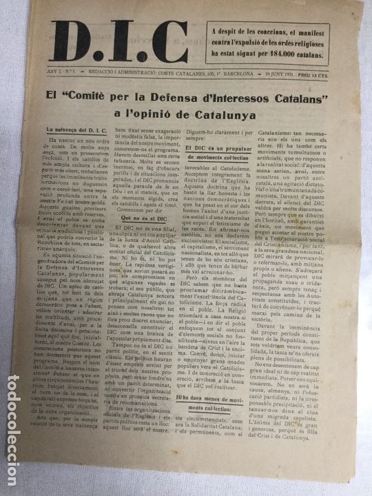 Coleccionismo de Revistas y Peri&oacute;dicos: D.I.C. Any 1. n&ordm; 1. BCN, 18 juny 1931. 40x28cm. 8 p.