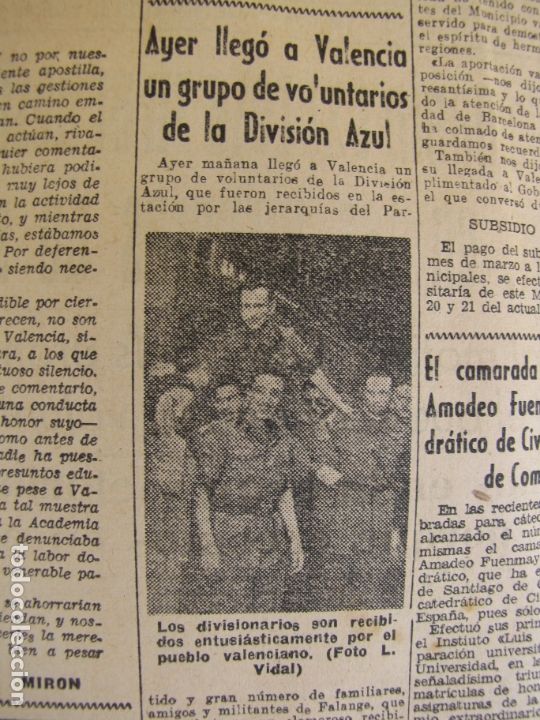 Coleccionismo de Revistas y Peri&oacute;dicos: Diario Levante. Falange Valencia. 20 abril 1943. Divisi&oacute;n azul