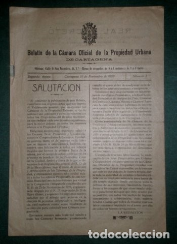 Coleccionismo de revistas y peri&oacute;dicos: BOLETIN DE LA CAMARA OFICIAL DE LA PROPIEDAD URBANA DE CARTAGENA. 1920 Murcia