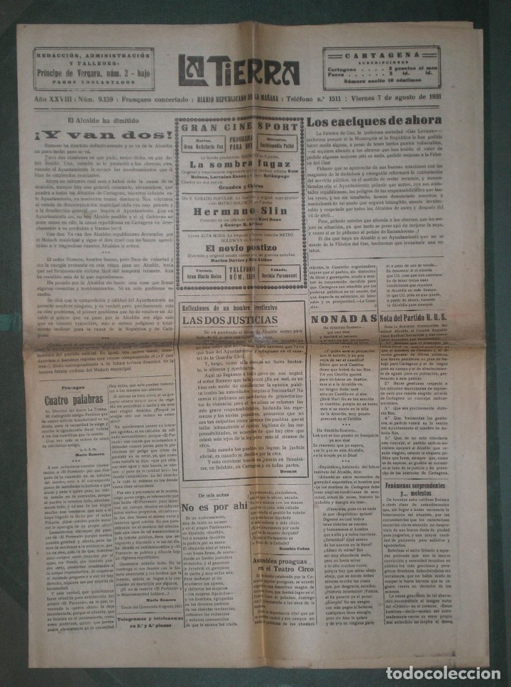 Coleccionismo de revistas y peri&oacute;dicos: LA TIERRA. Diario Republicano de la ma&ntilde;ana. Cartagena. 7 de agosto de 1931 (Segunda Rep&uacute;blica)