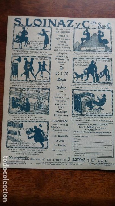 Colecionismo de Revistas e Jornais: S.LOINAZ Y C&ordf; SAN SEBASTIAN APARATO FOTOGRAFICO PATHEFONO BICICLETAS ESCOPETAS WOLF HOJA A&Ntilde;O 1919