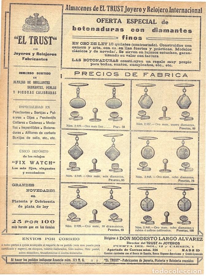 Coleccionismo de Revistas y Peri&oacute;dicos: 1914 HOJA REVISTA PUBLICIDAD ANUNCIO GEMELOS BOTONADURAS ORO Y DIAMANTES EL TRUST JOYERO Y RELOJERO