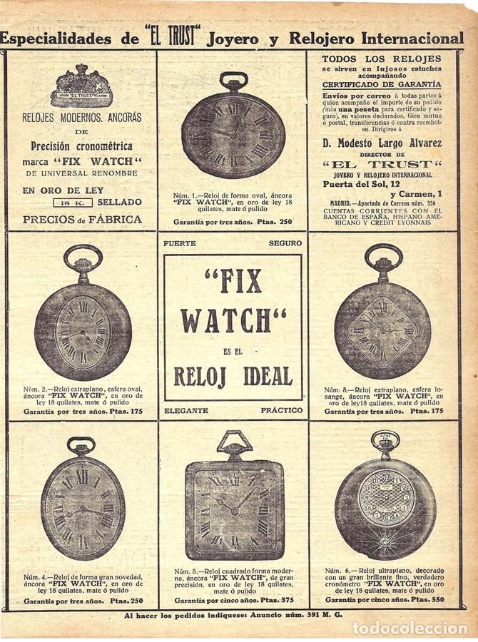 Coleccionismo de Revistas y Peri&oacute;dicos: 1914 HOJA REVISTA PUBLICIDAD ANUNCIO RELOJES ORO DE BOLSILLO FIX WATCH DE EL TRUST JOYERO Y RELOJERO