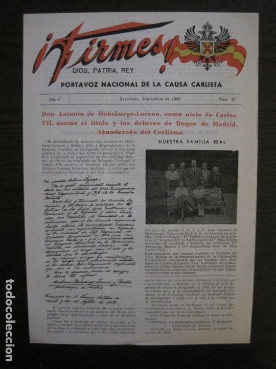 Coleccionismo de Revistas y Peri&oacute;dicos: REVISTA FIRMES-REQUETES DE CATALU&Ntilde;A-CARLISMO-N&ordm; 52-BARCELONA SEPTIEMBRE 1956-VER FOTOS(V-18.501)