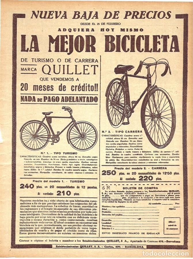 Collectionnisme de Revues et Journaux: 1928 HOJA REVISTA PUBLICIDAD ANUNCIO BICICLETA QUILLET DE TURISMO O CARRETERA
