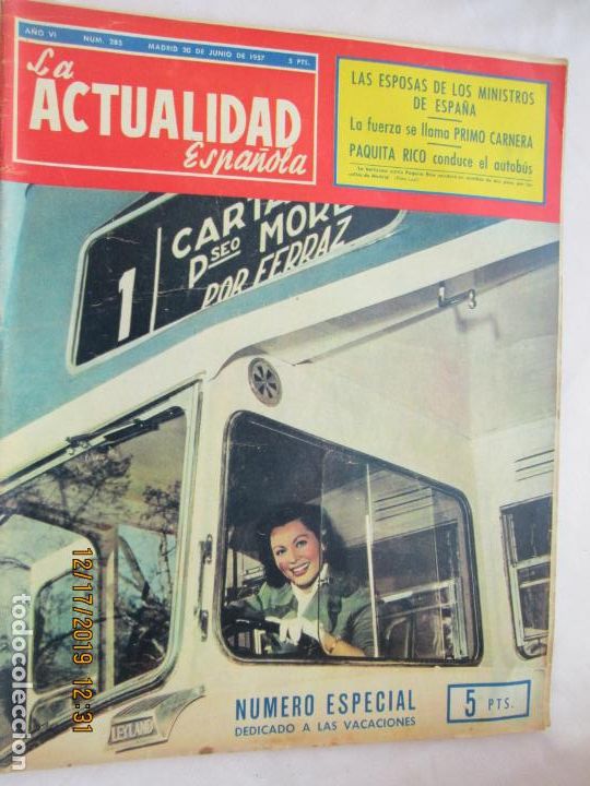 Coleccionismo de revistas y peri&oacute;dicos: LA ACTUALIDAD ESPA&Ntilde;OLA REVISTA , PAQUITA RICO , PRIMO CARNERA  N&ordm; 285 -20-06-1957