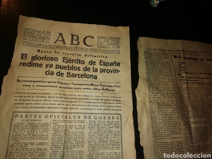 Coleccionismo de Revistas y Peri&oacute;dicos: 2 hojas de peri&oacute;dico abc 1939 Barcelona, Tarragona, reus, tarrega, cervera, bellprat