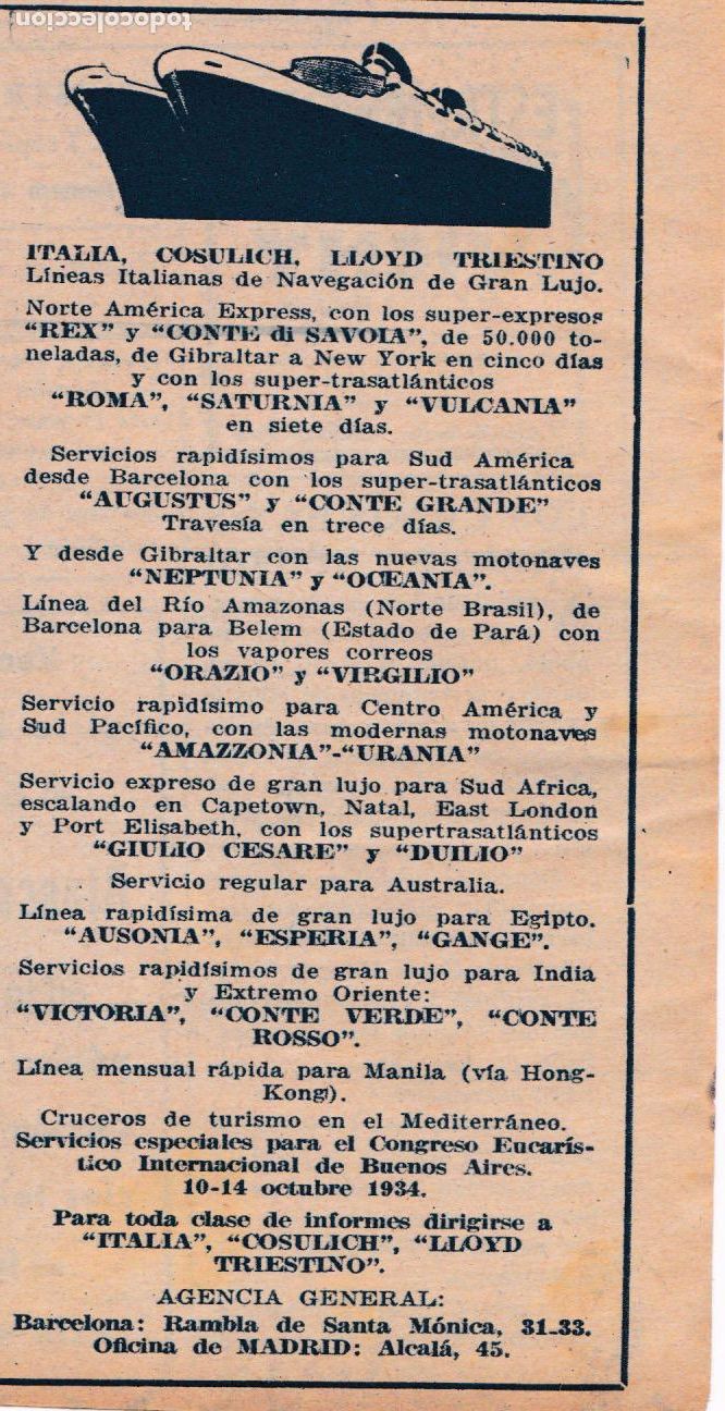 Collection Magazines and Newspapers: Publicidad l&iacute;neas de navegaci&oacute;n Itali Cosulich Lloyd Triestino -1934