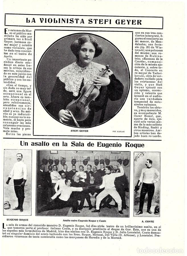 Coleccionismo de Revistas y Peri&oacute;dicos: 1905 HOJA REVISTA MADRID VIOLINISTA MUJER STEFI GEYER - ESGRIMA ASALTO SALA EUGENIO ROQUE A. CONTE