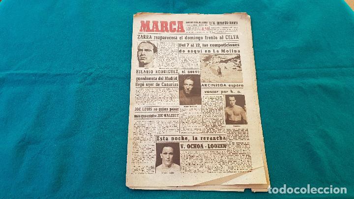 Coleccionismo de Revistas y Peri&oacute;dicos: PERIODICO MARCA (03-01-48) FUTBOL, CICLISMO, ESQUI, BOXEO (JOE LOUIS vs JOE WALCOTT) - SIN DOBLAR