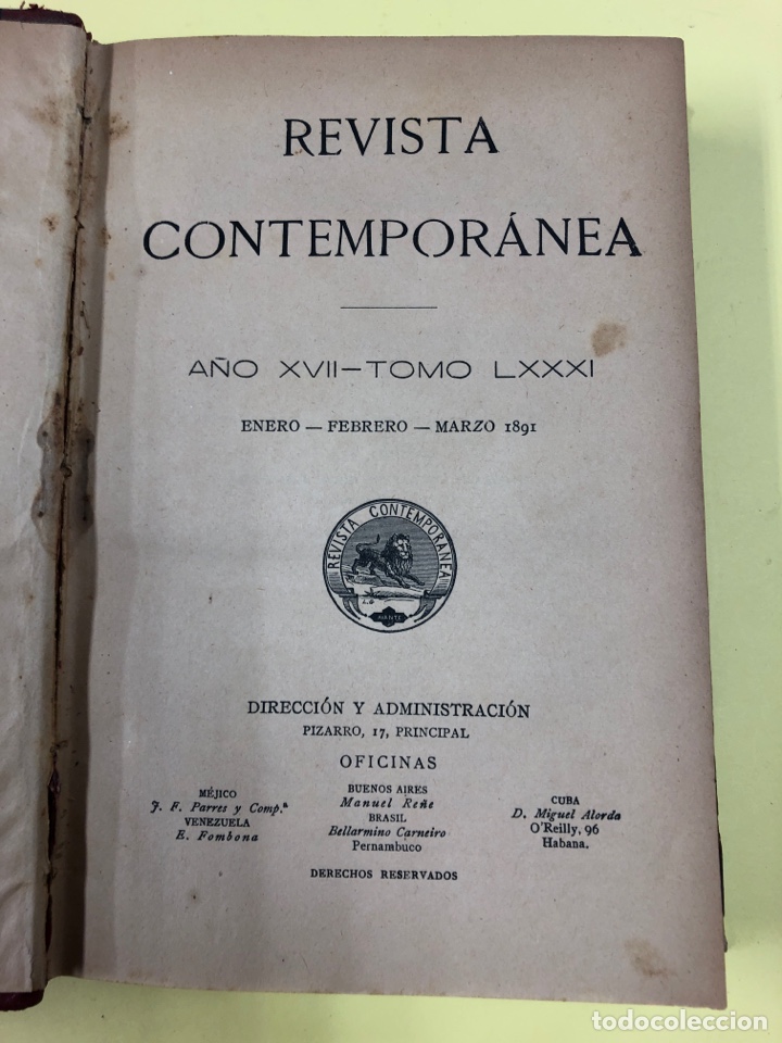 Coleccionismo de Revistas y Peri&oacute;dicos: REVISTA CONTEMPORANEA A&Ntilde;O XVII - TOMO LXXXI - ENERO, FEBRERO, MARZO 1891. ENC EN MEDIA PIEL