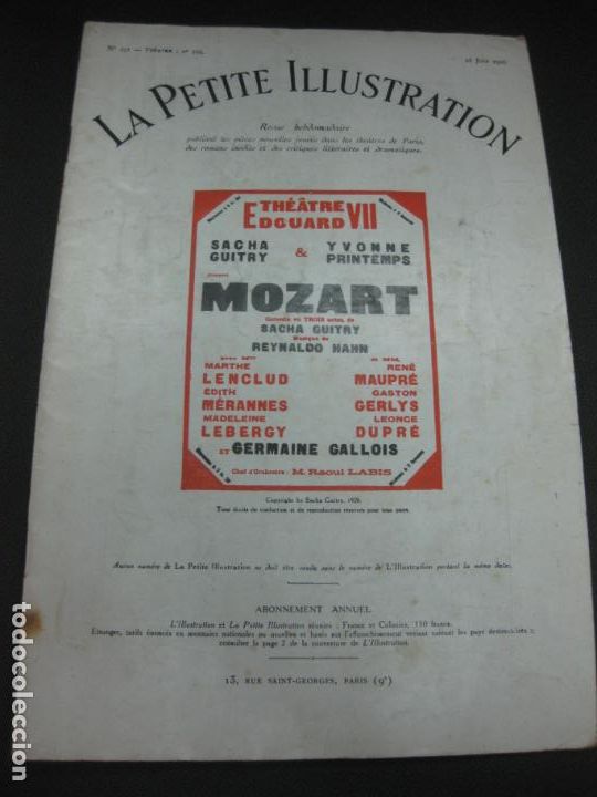 Coleccionismo de revistas y peri&oacute;dicos: LA PETITE ILLUSTRATION N&ordm; 291. THEATRE N&ordm; 166.26 JUIN 1926. MOZART. SACHA GUITRY.