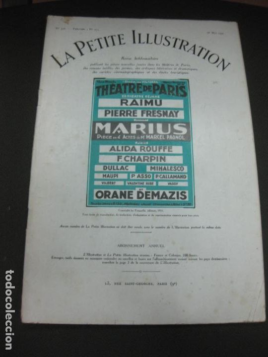 Sammeln von Zeitschriften und Zeitungen: LA PETITE ILLUSTRATION N&ordm; 528. THEATRE N&ordm; 277. 16 MAI 1931. MARIUS. MARCEL PAGNOL.