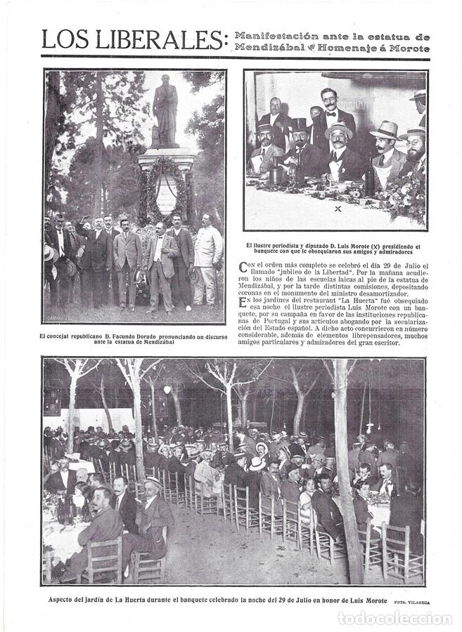 Collection Magazines and Newspapers: 1911 HOJA REVISTA MADRID LIBERALES FACUNDO DORADO EN ESTATUA DE MENDIZABAL - BANQUETE A LUIS MOROTE