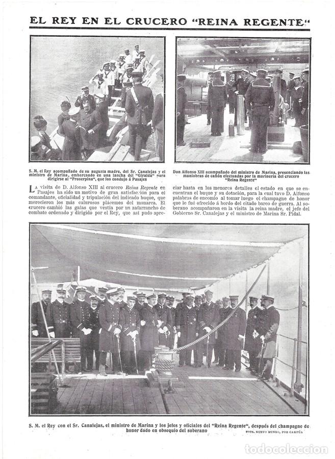 Coleccionismo de revistas y peri&oacute;dicos: 1911 HOJA REVISTA SAN SEBASTI&Aacute;N PASAJES REY ALFONSO XIII, CANALEJAS MARINOS CRUCERO 'REINA REGENTE'