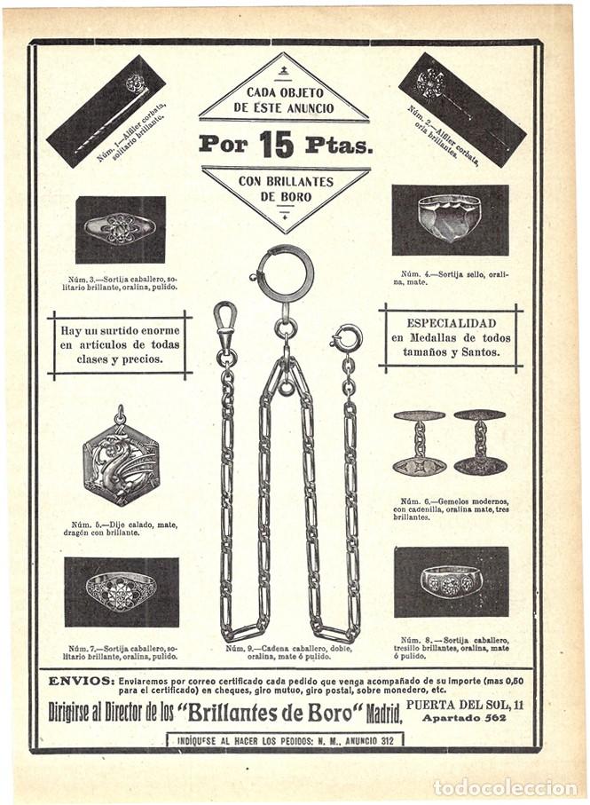 Coleccionismo de Revistas y Peri&oacute;dicos: 1911 HOJA REVISTA PUBLICIDAD ANUNCIO RECORTE PRENSA JOYER&Iacute;A 'BRILLANTES DE BORO' SORTIJAS MEDALLAS